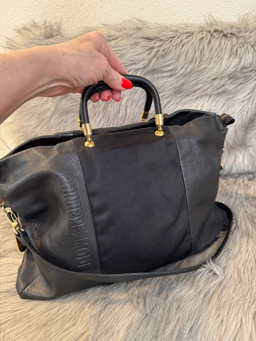 Philippe Model Black Leather Top-Handle Satchel/Shoulder Bag with Gold Hardware